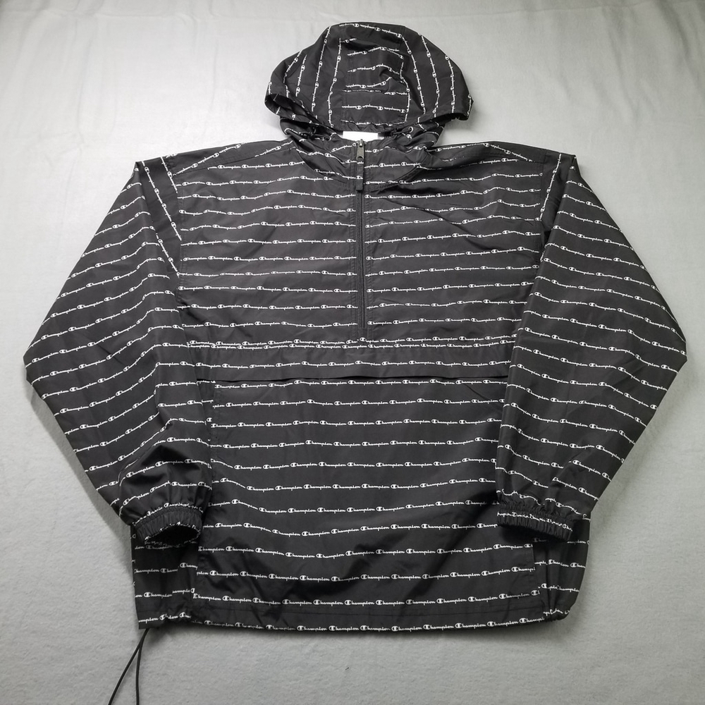 Champion Windbreaker Hoodie Jacket Size M Black AOP Allover spell Out
